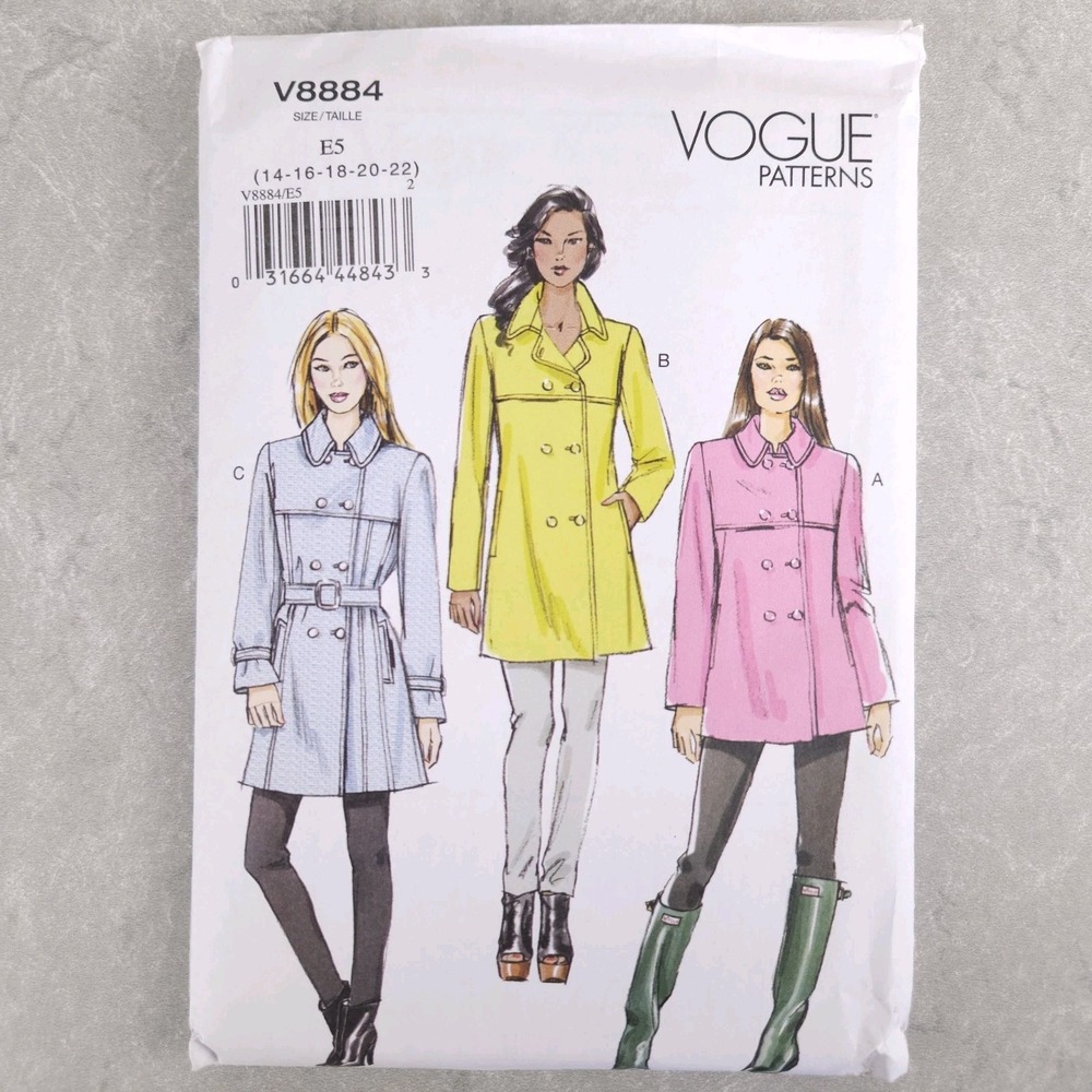 Vogue V8884 Double Breasted Coat Sewing Pattern Classic Trench Preppy Y2K 14-22